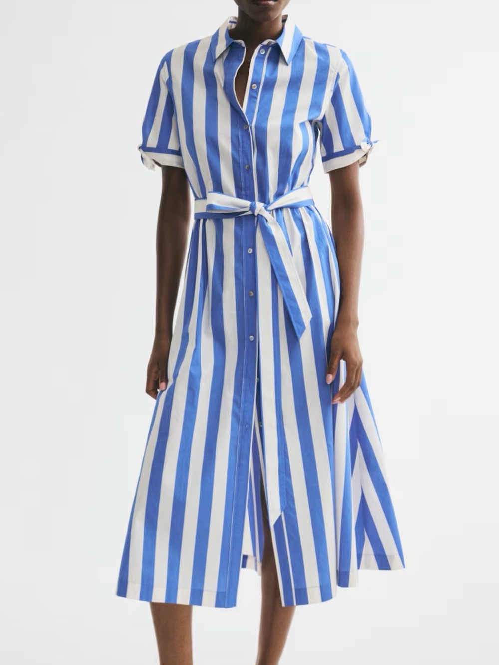 NWT H&M Blue and White Vertical Stripe Midi Shirt Dress with Waist Tie